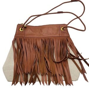 Hobo International Crossbody Bag Linen Leather Fringe Western Boho Festival NWOT